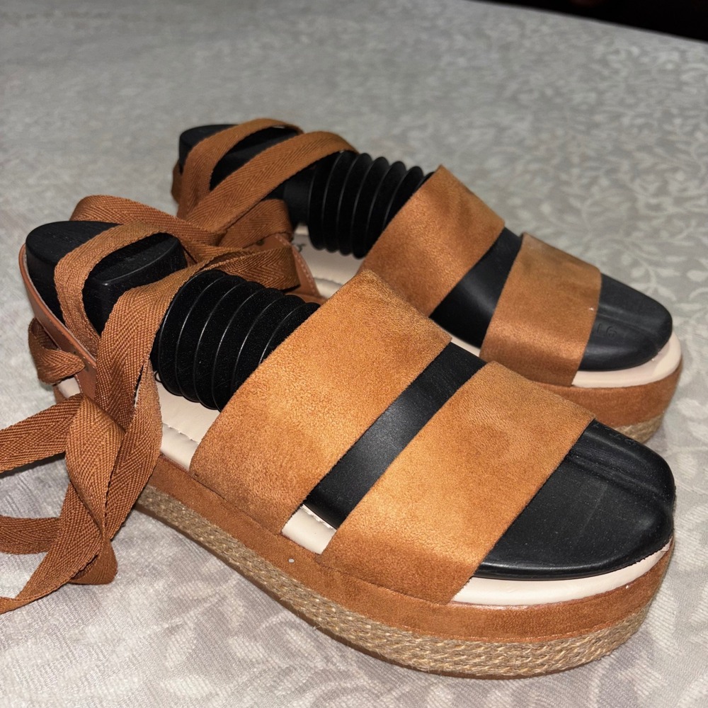 Ego Moleca Tan Faux Suede Platform Espadrille Lace Up Sandals - Picture 11 of 12